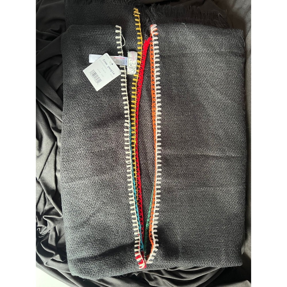 Free People Common Thread Blanket Wrap Scarf Black with Multicolored Edge